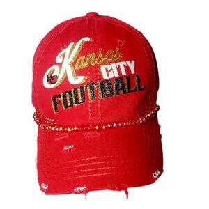 Kansas City Football Red Fitted Baseball Cap with Beads, Swrki.Cry. & Glitter.